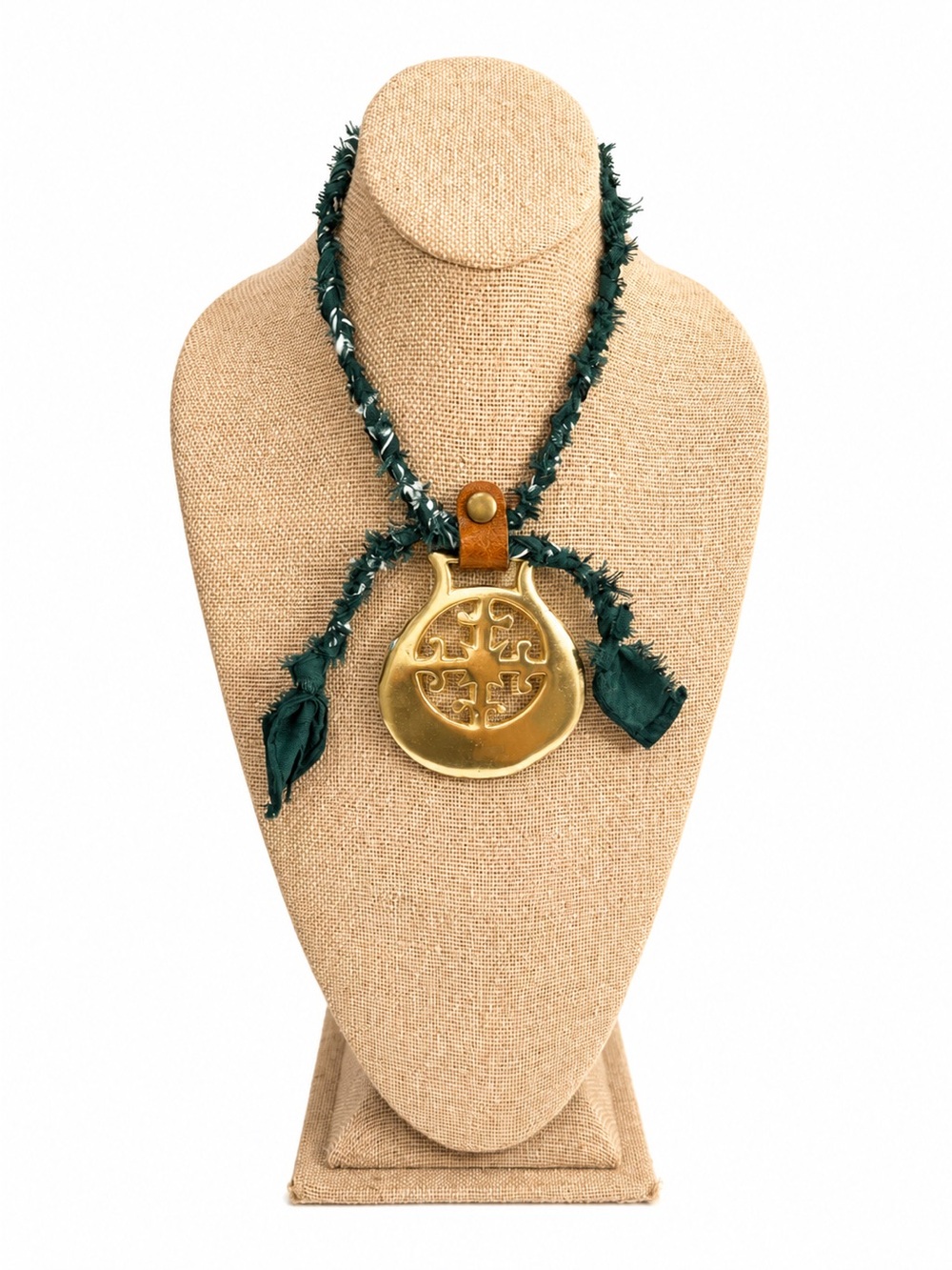 Vintage Brass Horse Medallion Necklace with Forest Green braided bandana.